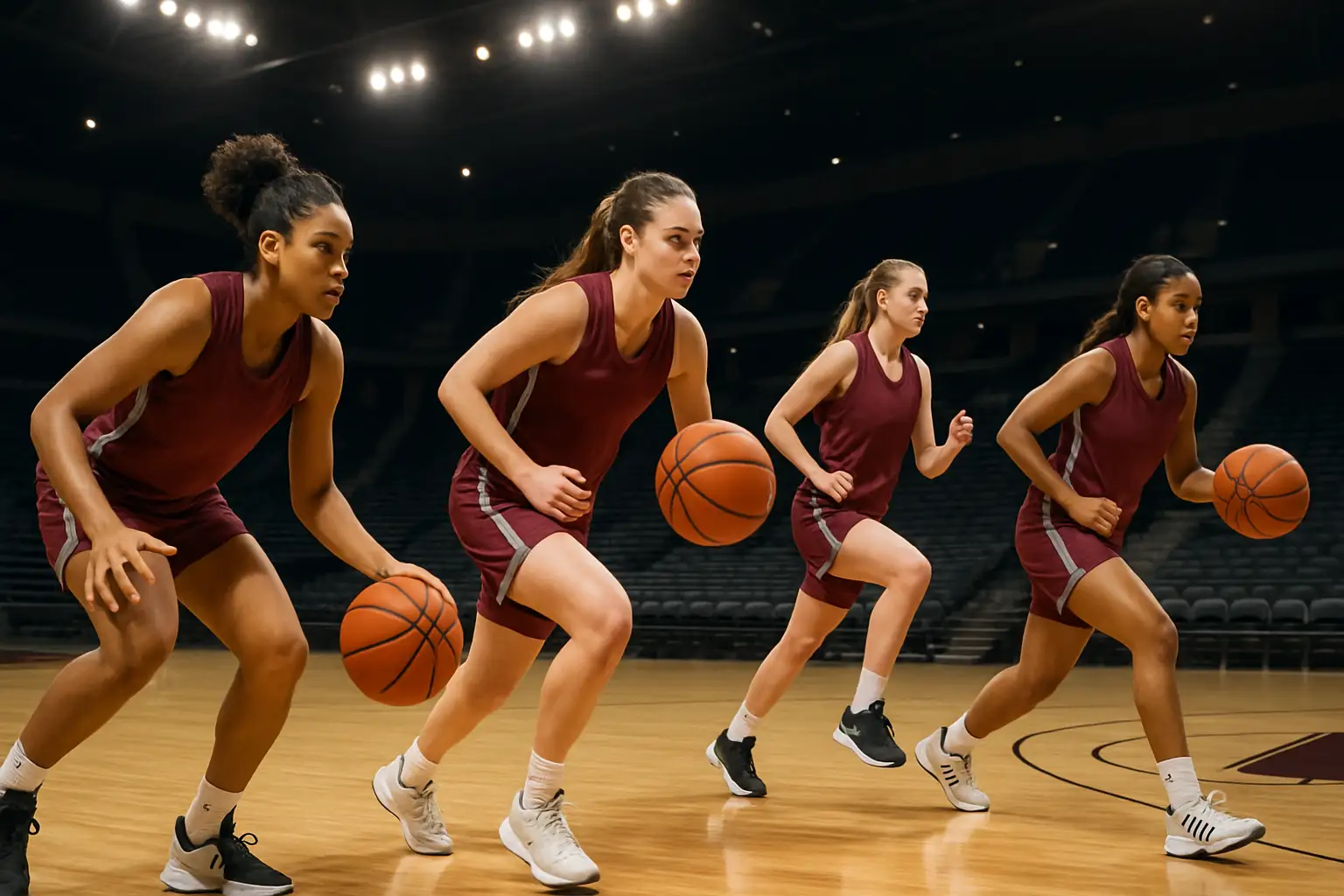 WSU Cougars women's basketball players warming up on a college court