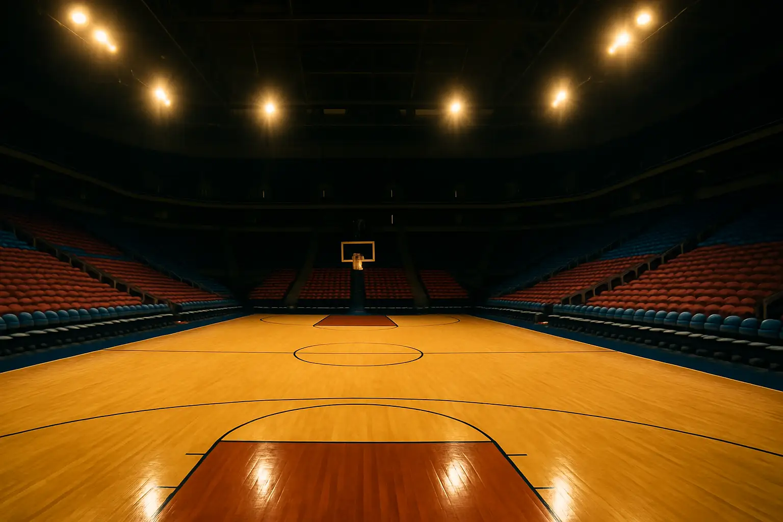 A basketball court inside an arena with empty seats and overhead lights illuminating the hardwood floor