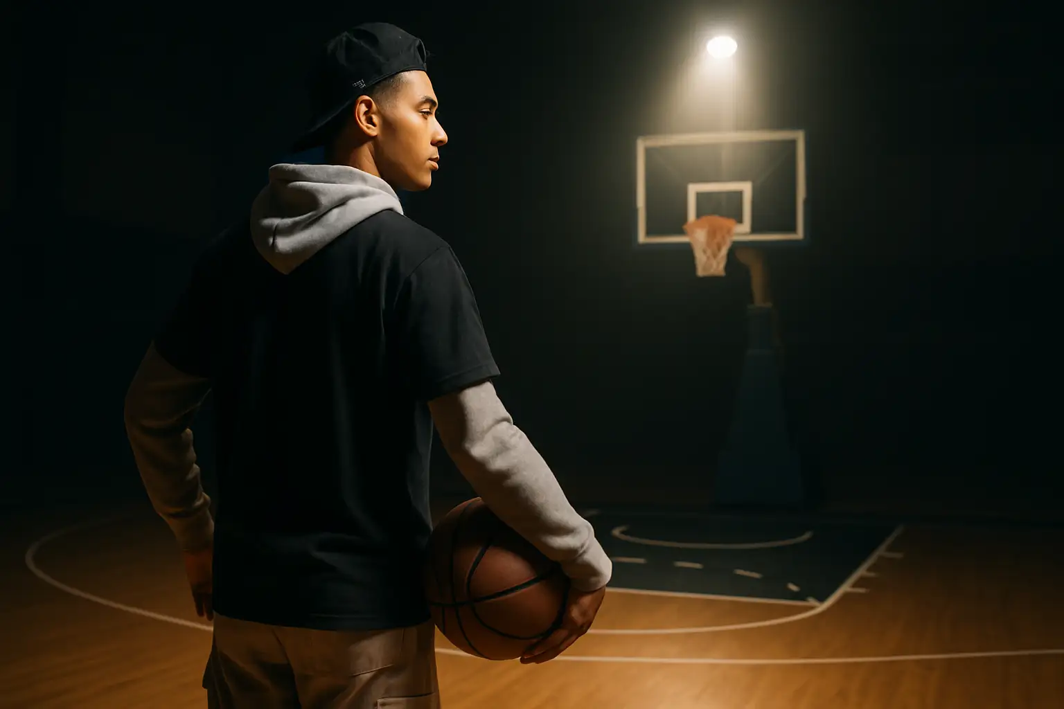 A content creator holding a basketball facing a basketball court with an empty hoop under bright arena lights