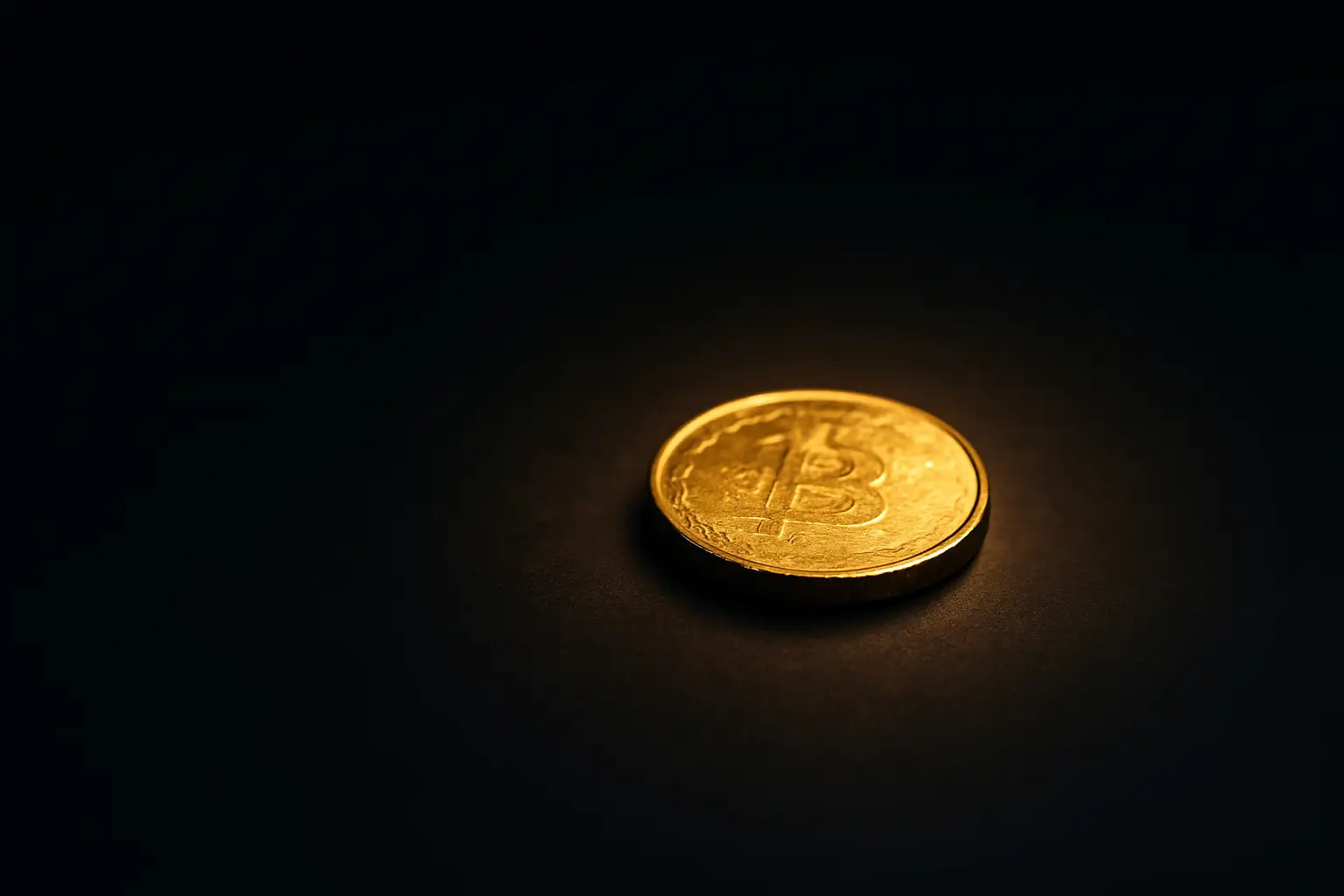 A single glowing gold bitcoin coin on a dark surface surrounded by fading light, representing scarcity