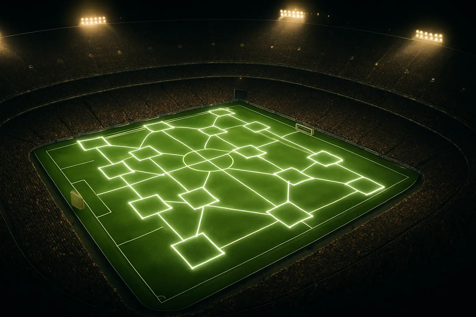 Digital blockchain network overlaid on a football stadium during a major tournament match