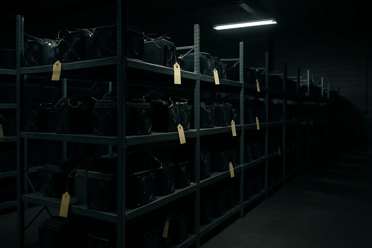 Rows of seized cryptocurrency machines lined up in a warehouse under fluorescent lights
