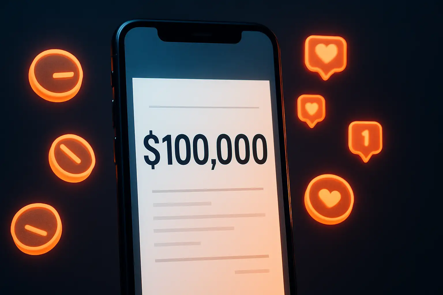 A smartphone showing a large invoice on screen surrounded by cryptocurrency coin symbols on a dark background