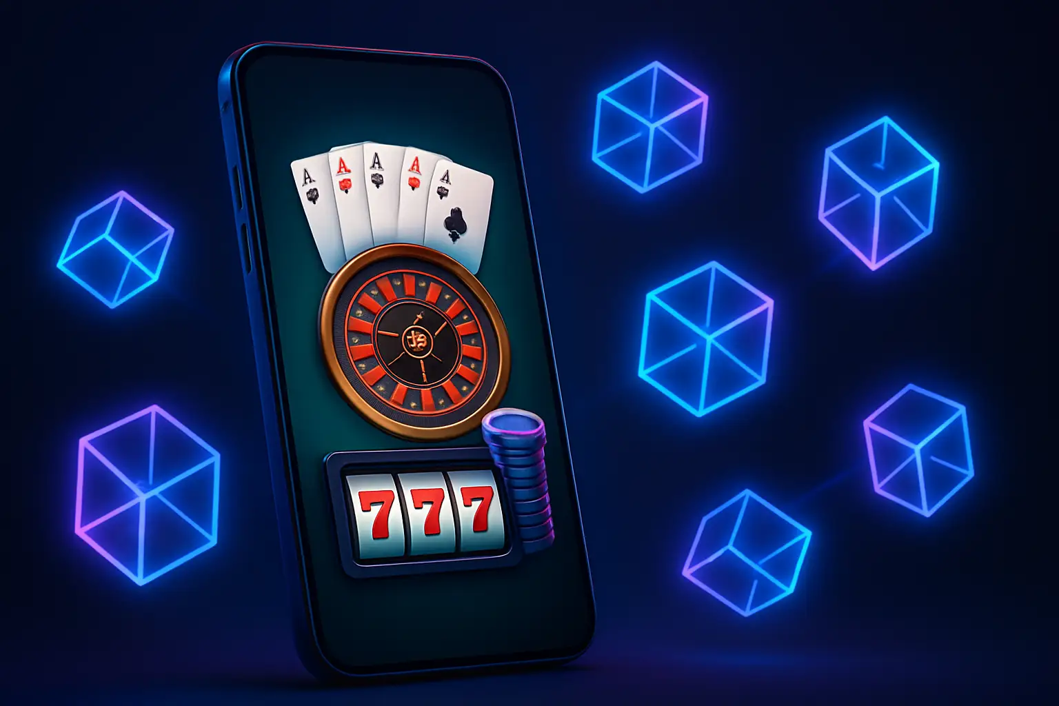 A digital casino interface displayed on a smartphone with glowing crypto coin symbols in the background
