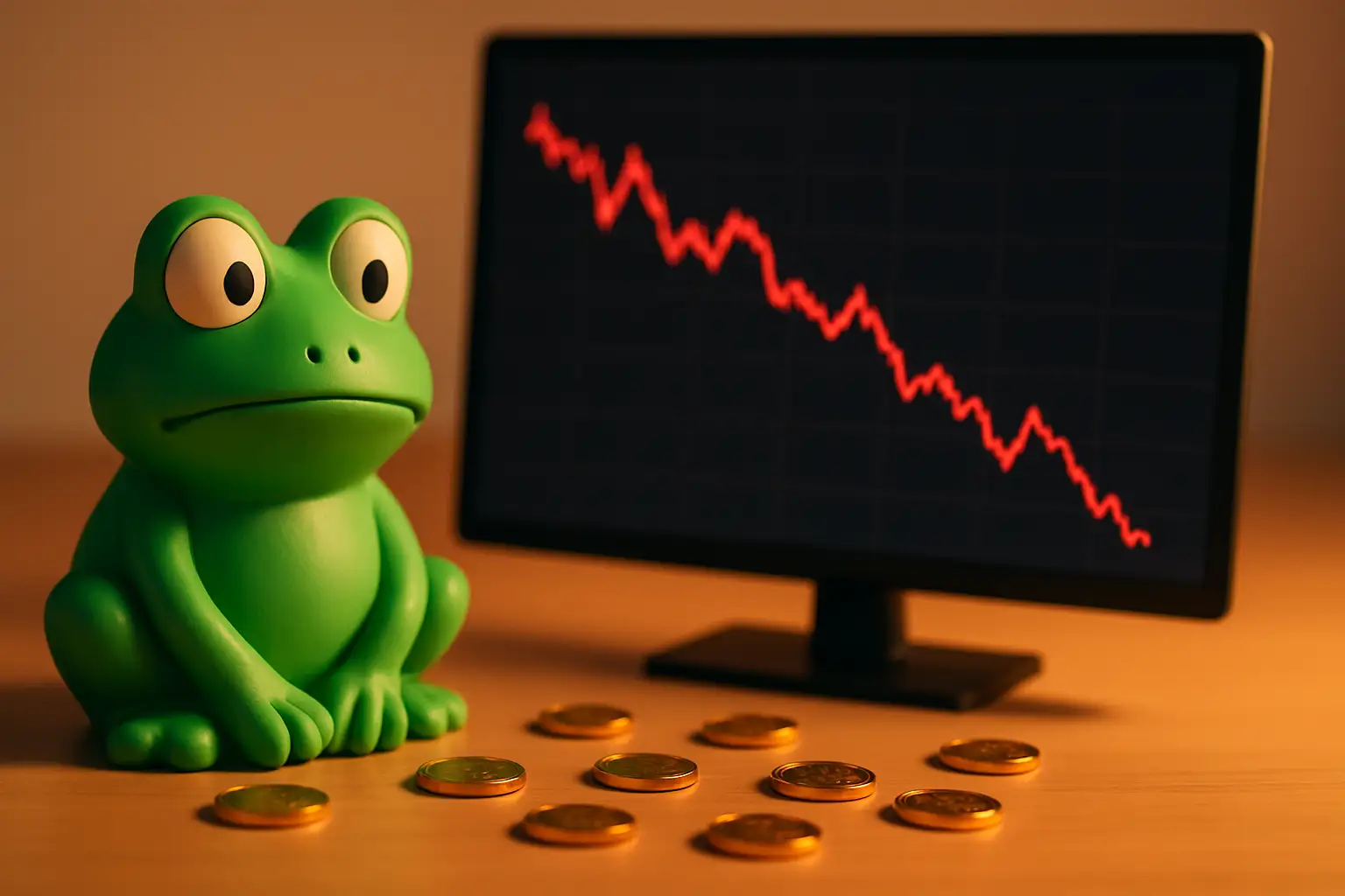 Stylized illustration of a frog character standing in front of a downward Bitcoin price chart with coins scattered around
