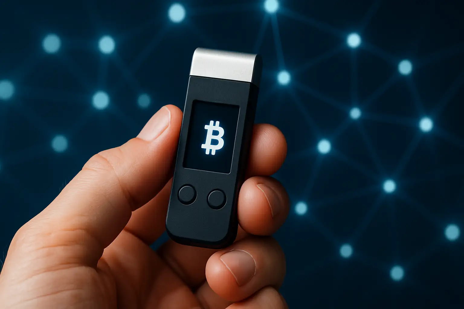 A person holding a hardware crypto wallet with digital asset icons floating around it