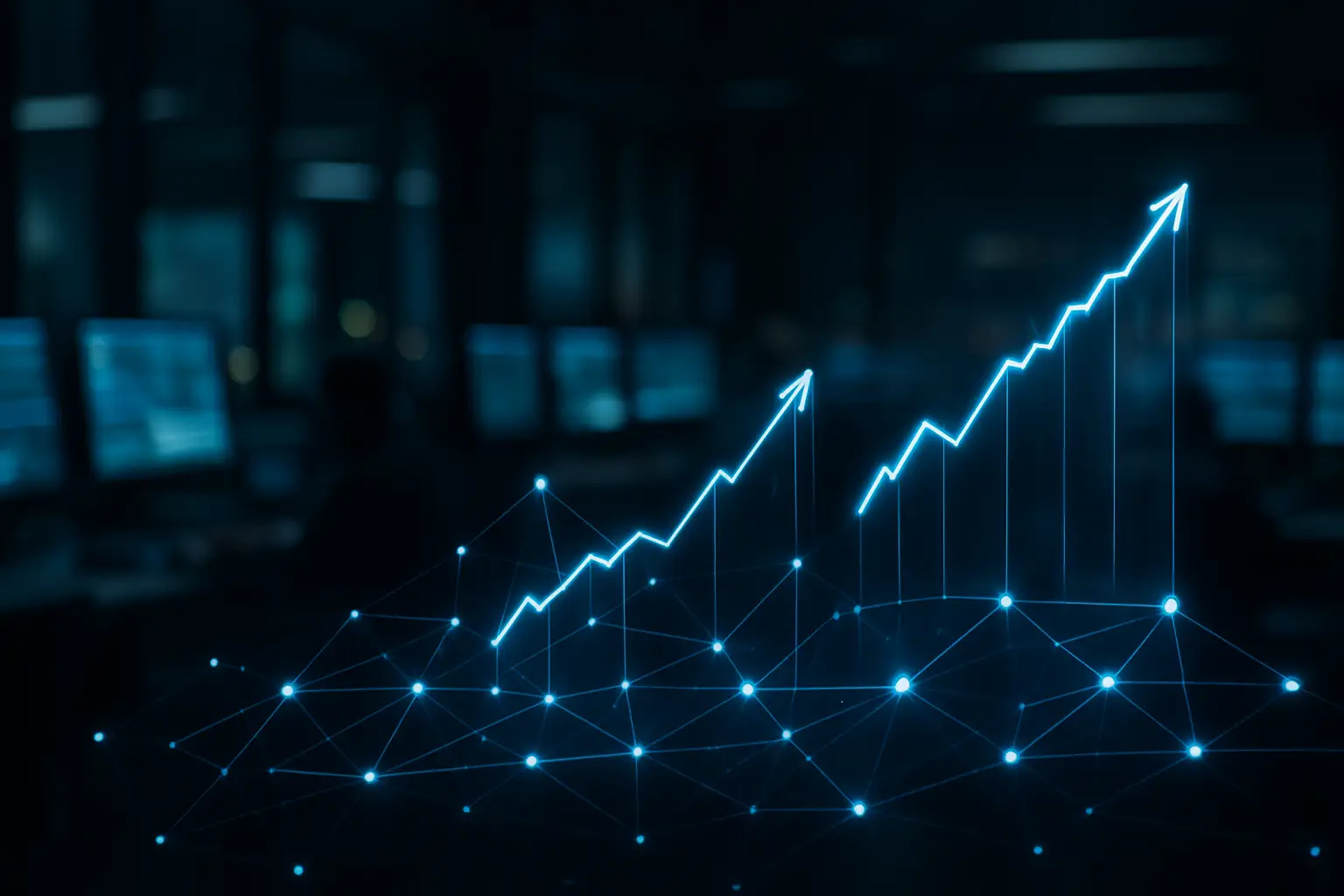 Abstract visualization of prediction market data with rising graph lines and blockchain nodes