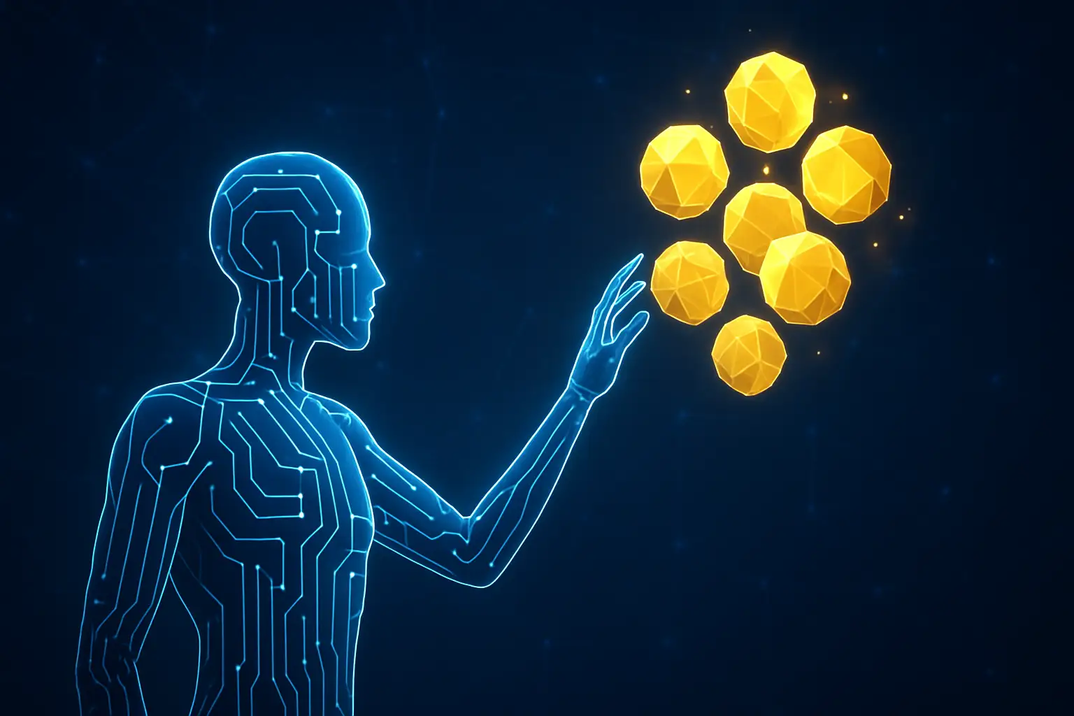 A glowing digital AI agent interacting with floating stablecoin tokens on a futuristic blockchain network visualization