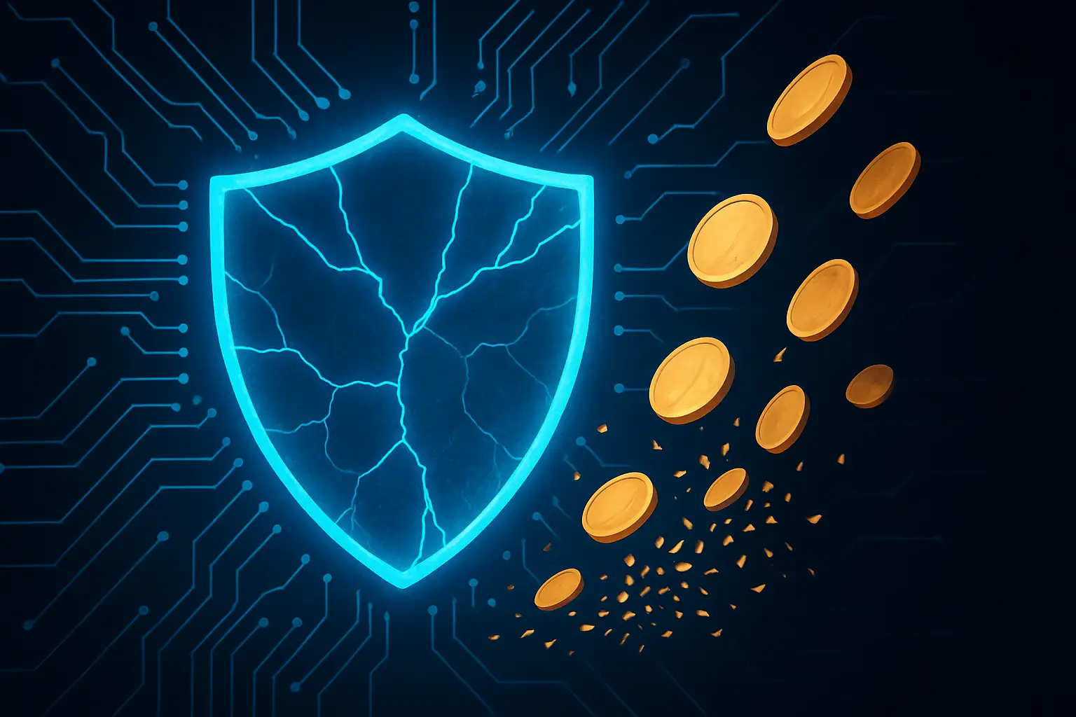 Abstract visualization of a cracked cryptocurrency shield with circuit patterns and falling coin symbols