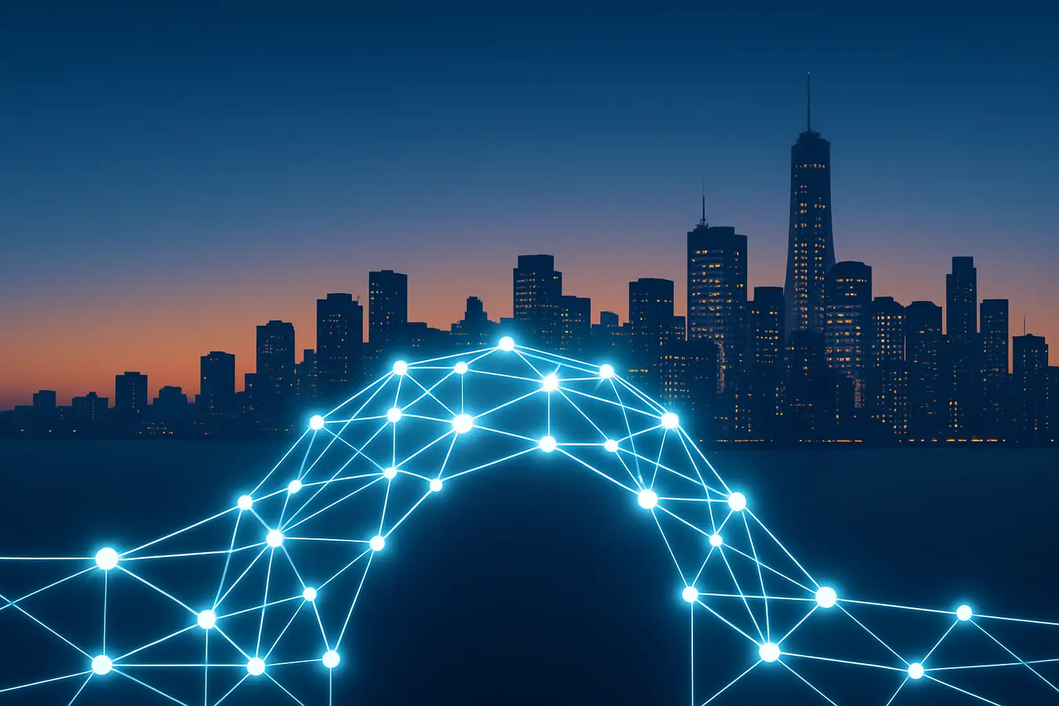 Abstract representation of blockchain networks connecting to a financial district skyline