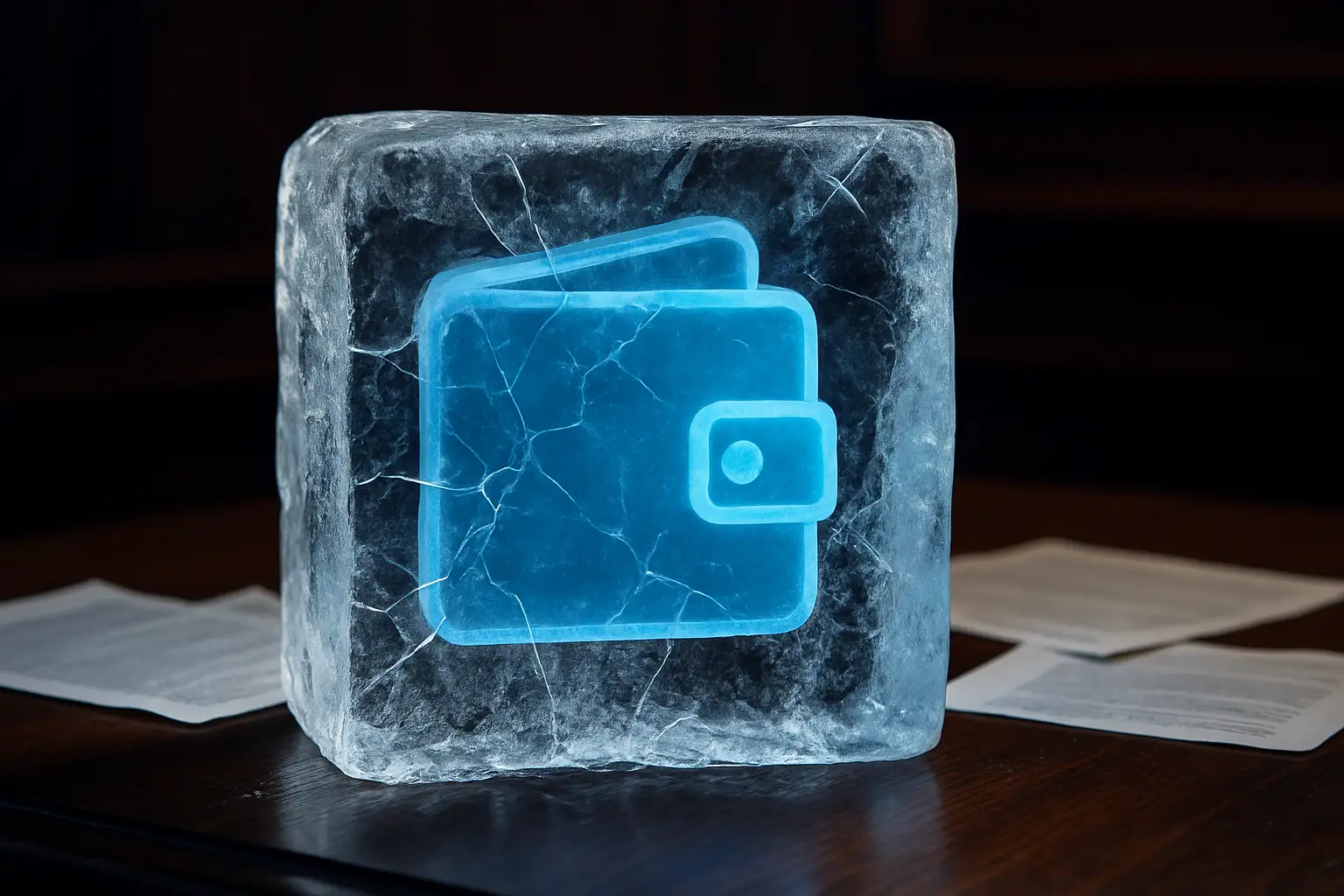 Digital representation of frozen cryptocurrency wallets with legal documents in the background