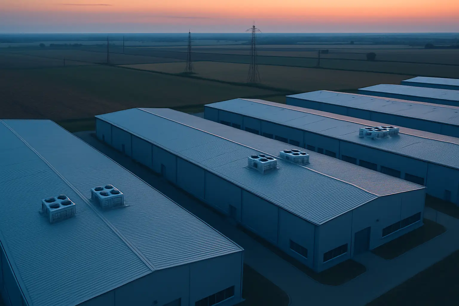 Aerial view of large industrial server buildings surrounded by rural farmland at dusk
