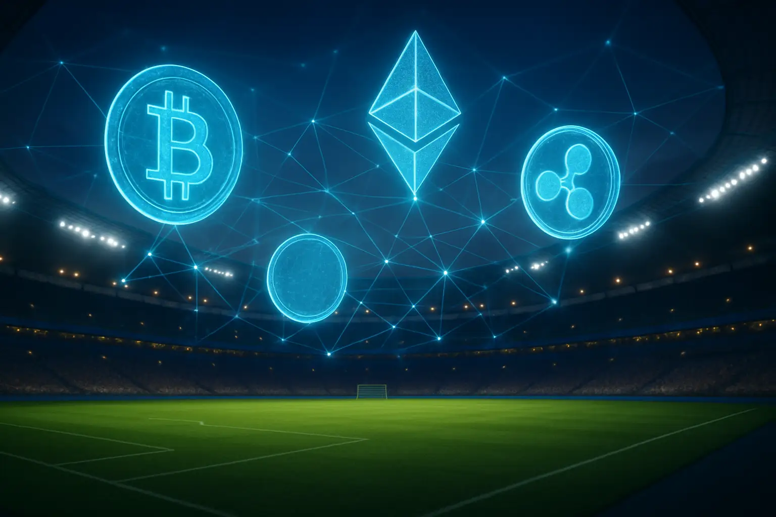 A football stadium at dusk with digital cryptocurrency symbols projected onto the pitch