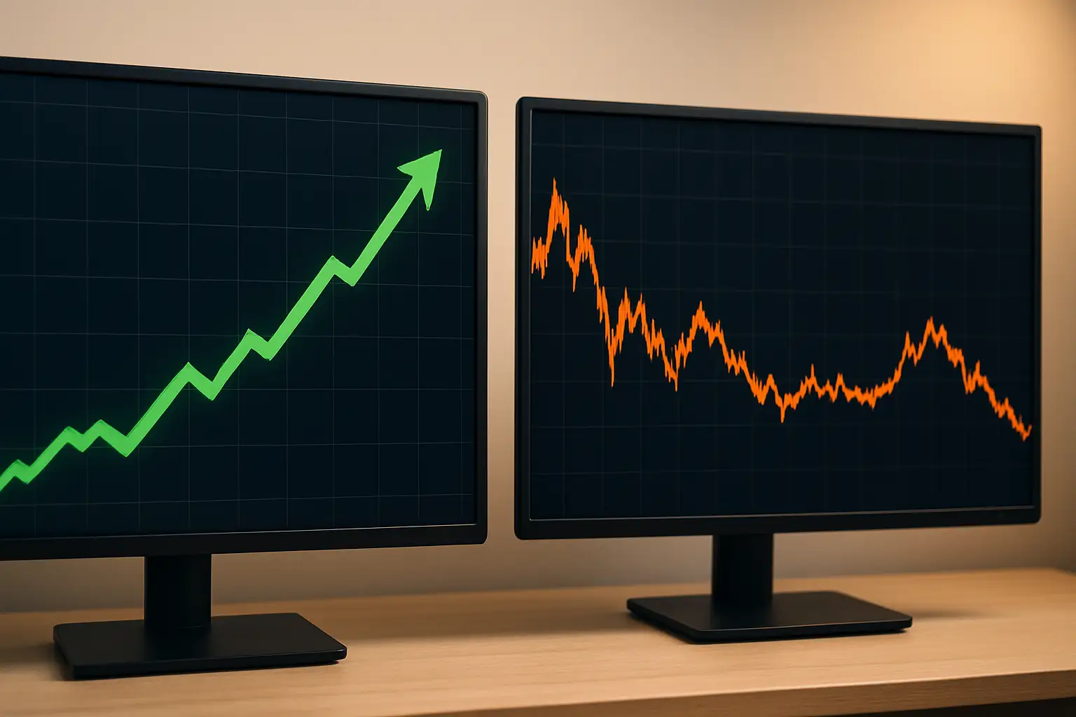 A split visual comparing a stock market chart and a cryptocurrency price chart on dual screens
