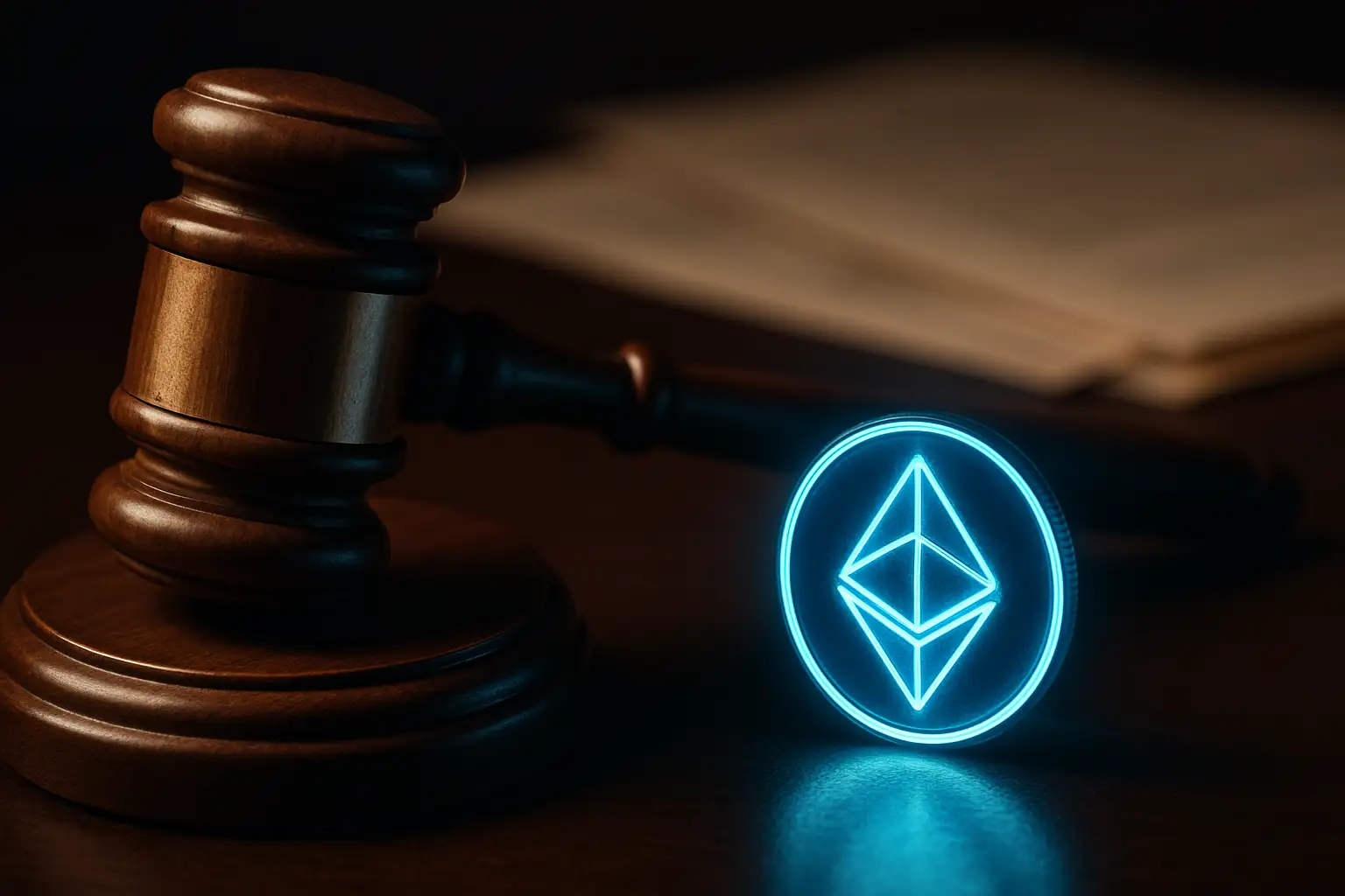 A courtroom gavel resting beside a physical representation of a blockchain token on a polished wooden desk