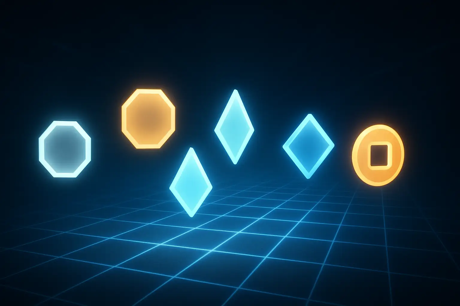 Six glowing crypto token symbols rising above a digital roadmap grid