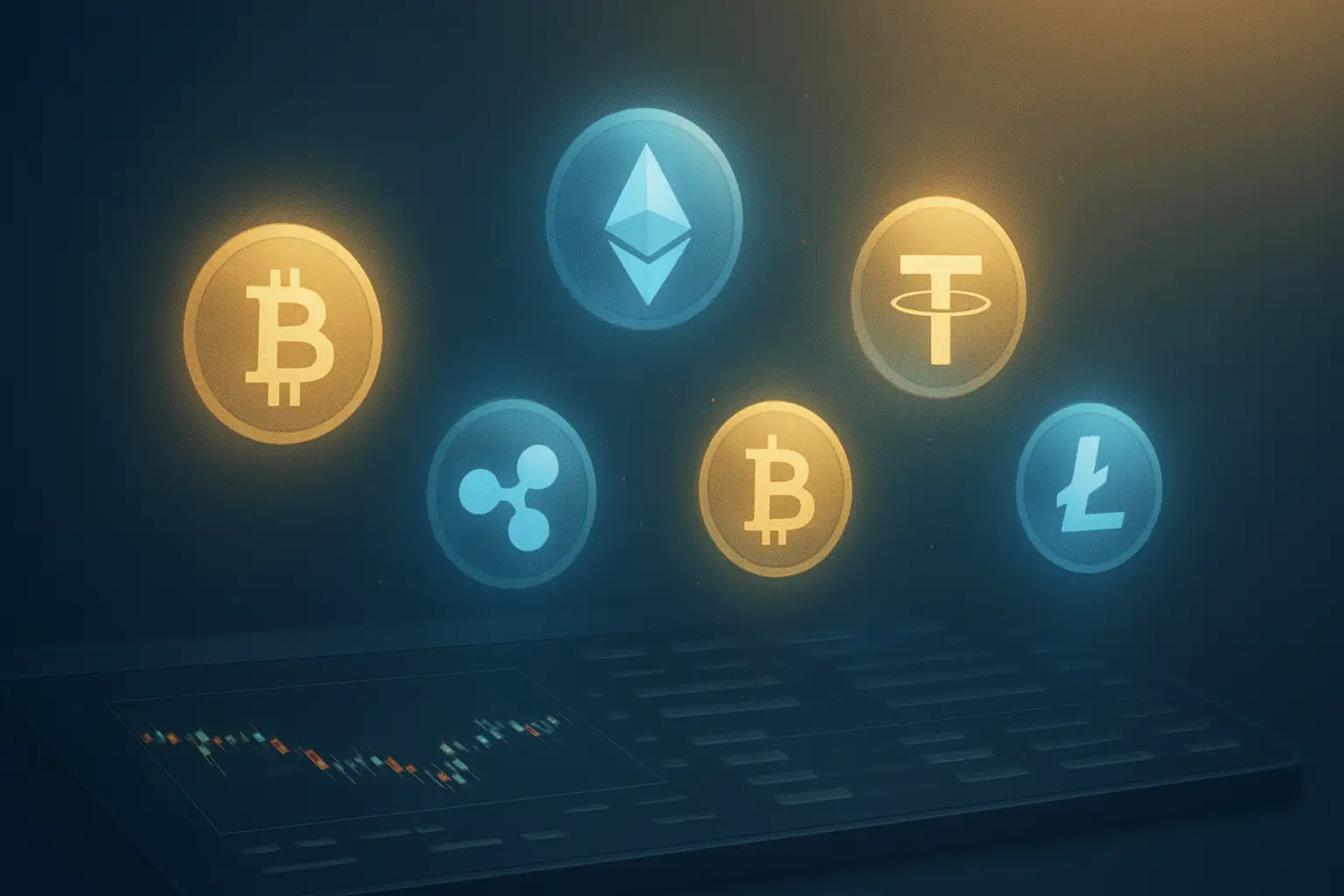 Glowing crypto token icons rising above a large exchange platform interface in a dark digital environment