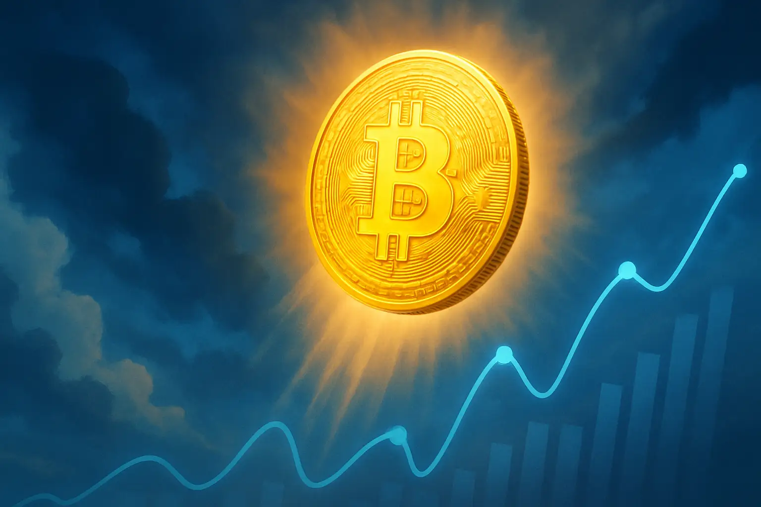 Bitcoin coin rising above a chart with U.S. Capitol building in the background