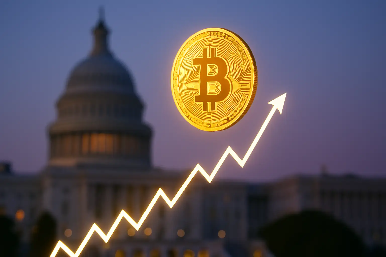 Bitcoin price chart spiking upward with a government building silhouette in the background