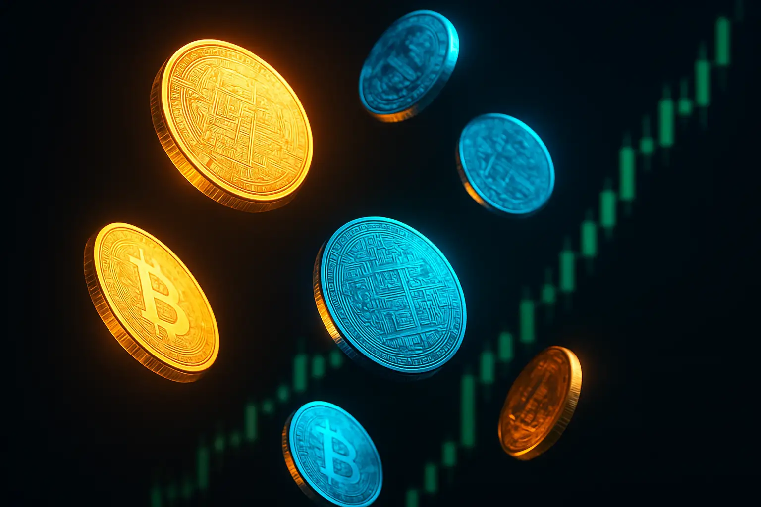 Bitcoin and XRP tokens rising on a digital trading chart with green price indicators