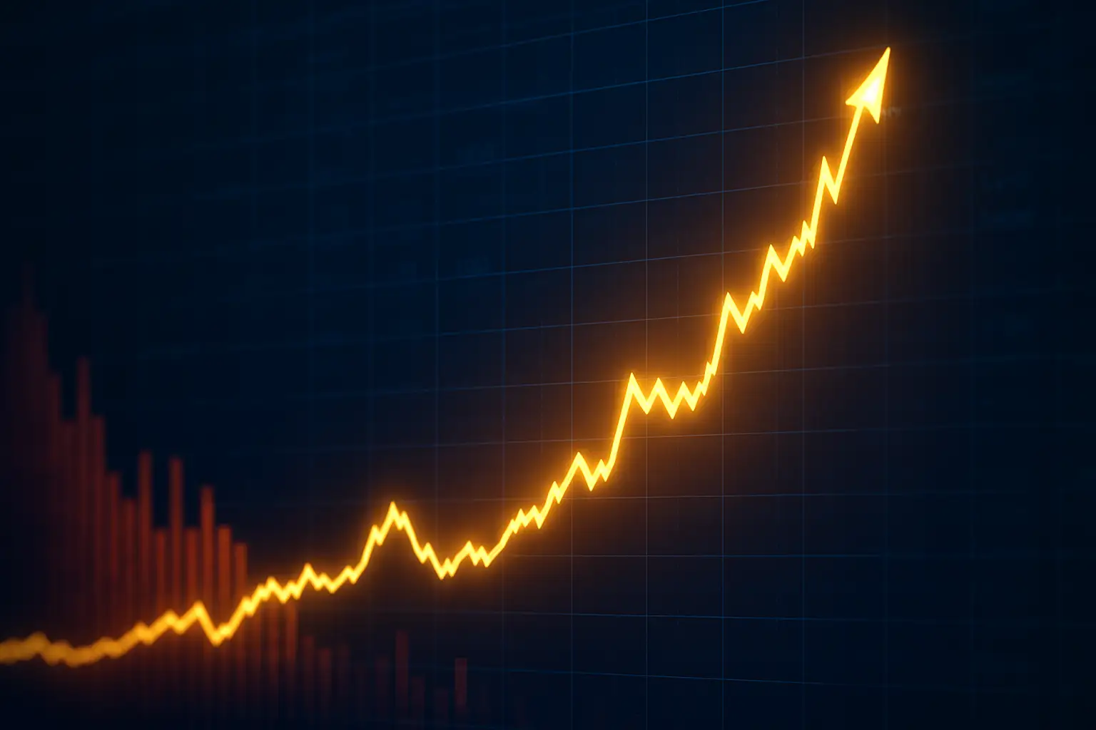 Bitcoin price chart surging upward with red liquidation bars in the background