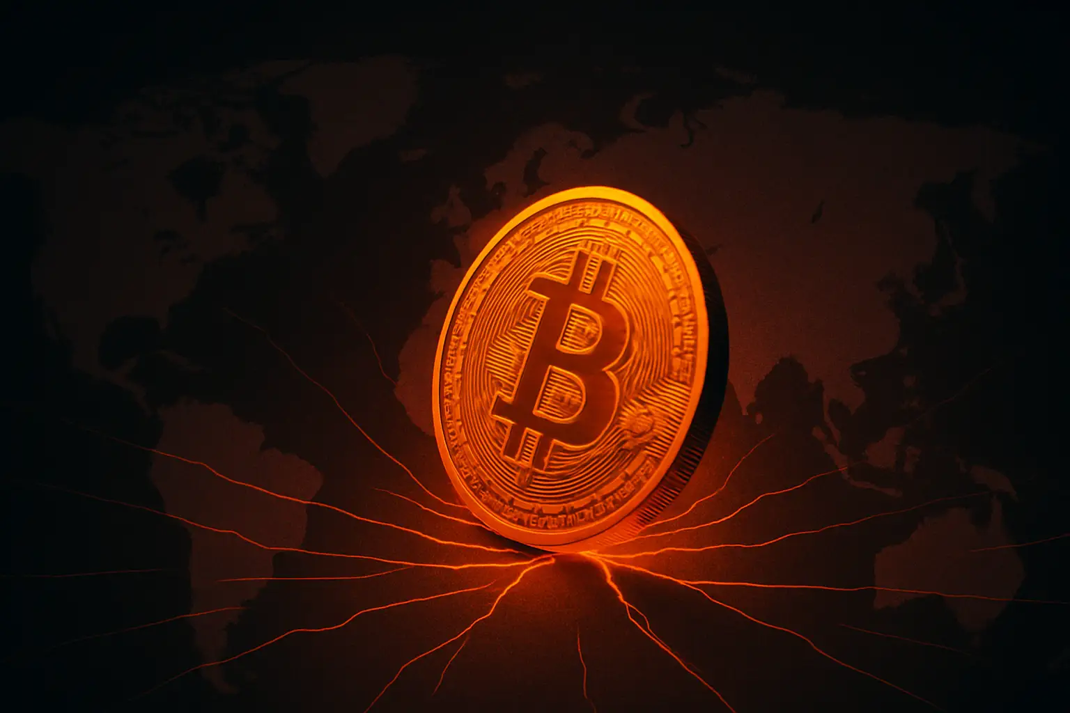 Bitcoin price chart declining against a backdrop of global tension symbols