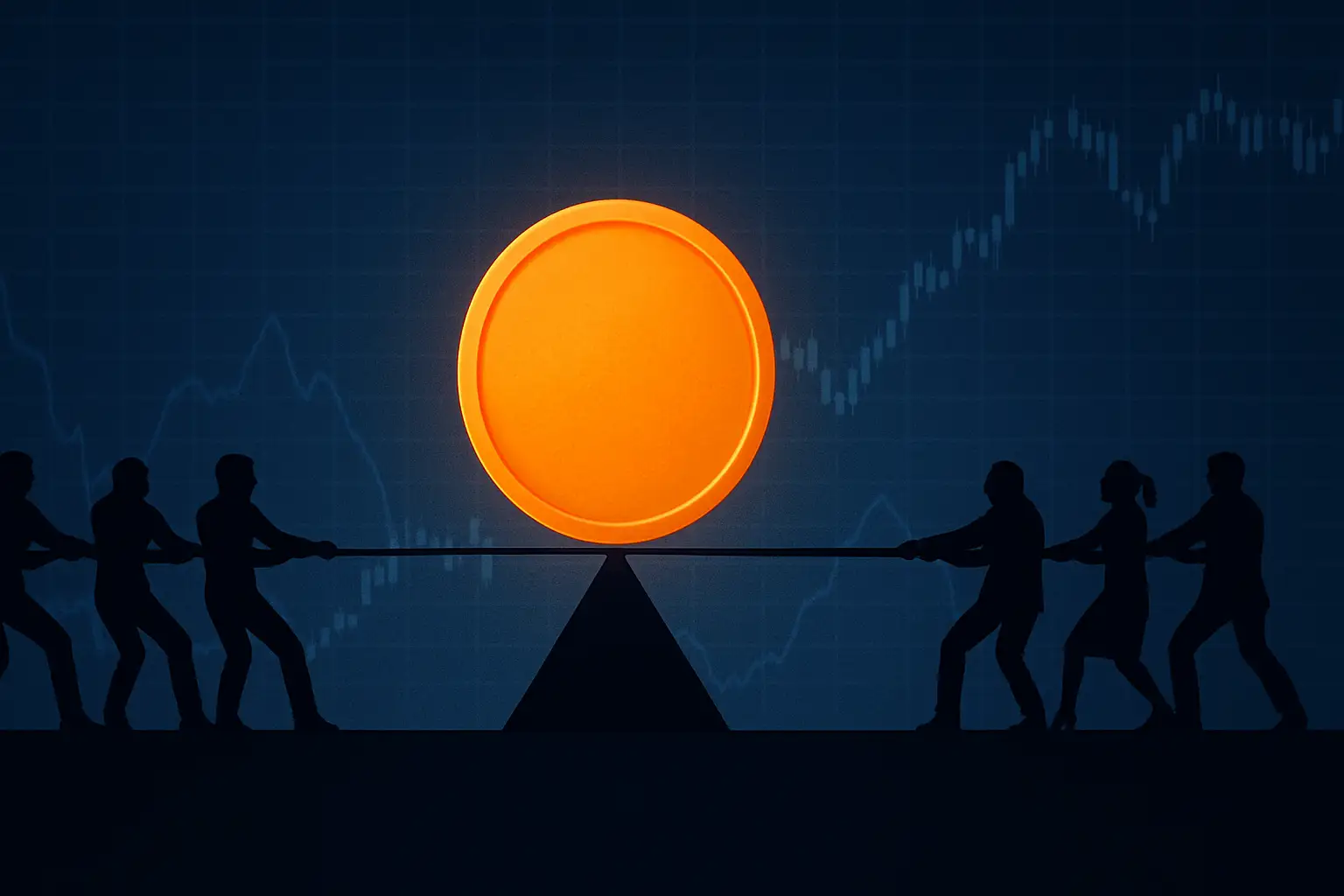 Abstract illustration of a Bitcoin symbol being pulled in two directions by competing forces