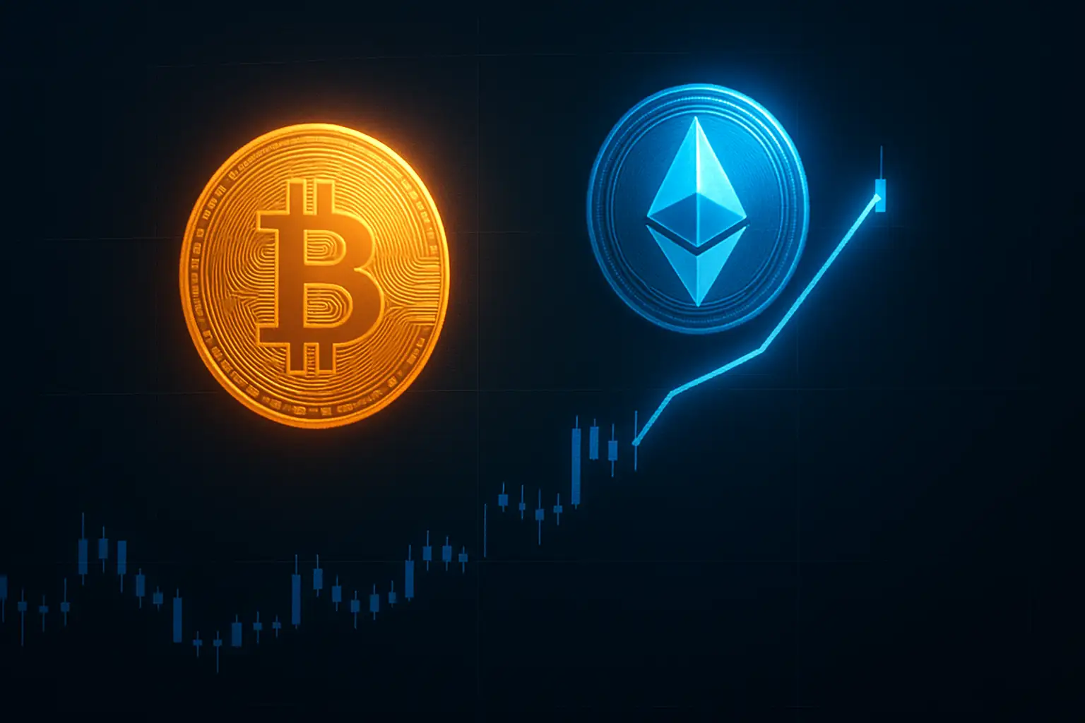 Bitcoin and Ethereum symbols rising on a digital chart with low trading activity indicators