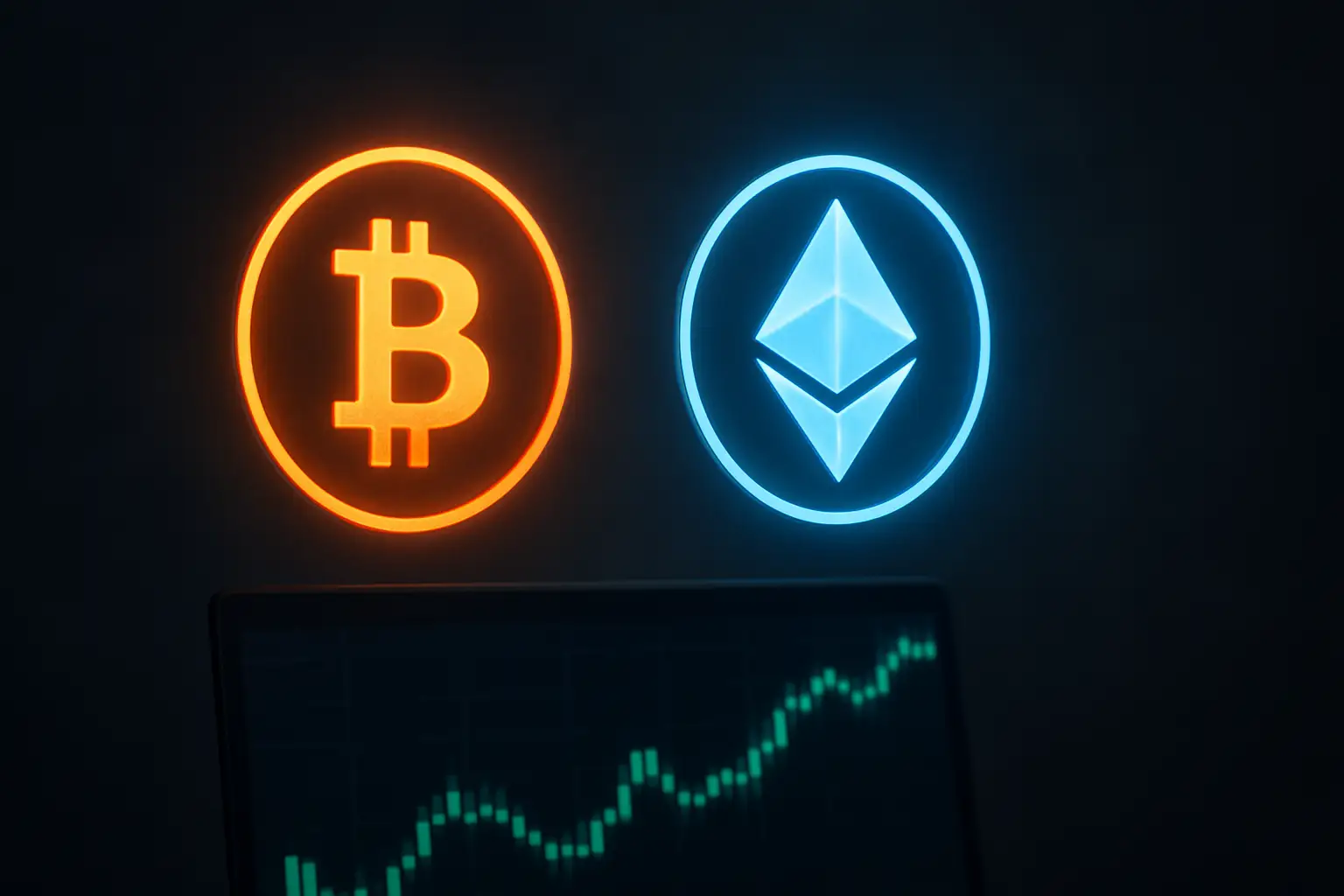 Bitcoin and Ethereum symbols glowing above a calm financial trading screen in dim light