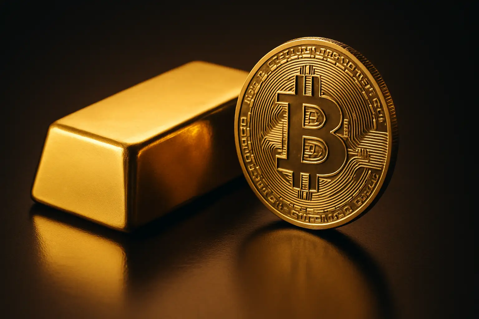 Gold bars and a bitcoin coin side by side on a reflective surface with upward trending light