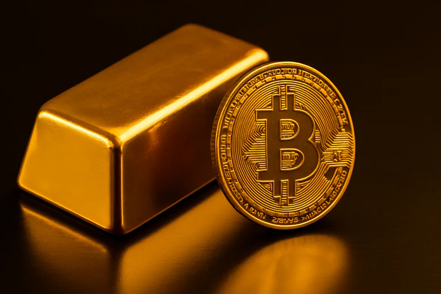 Gold bars and a bitcoin coin side by side on a reflective surface