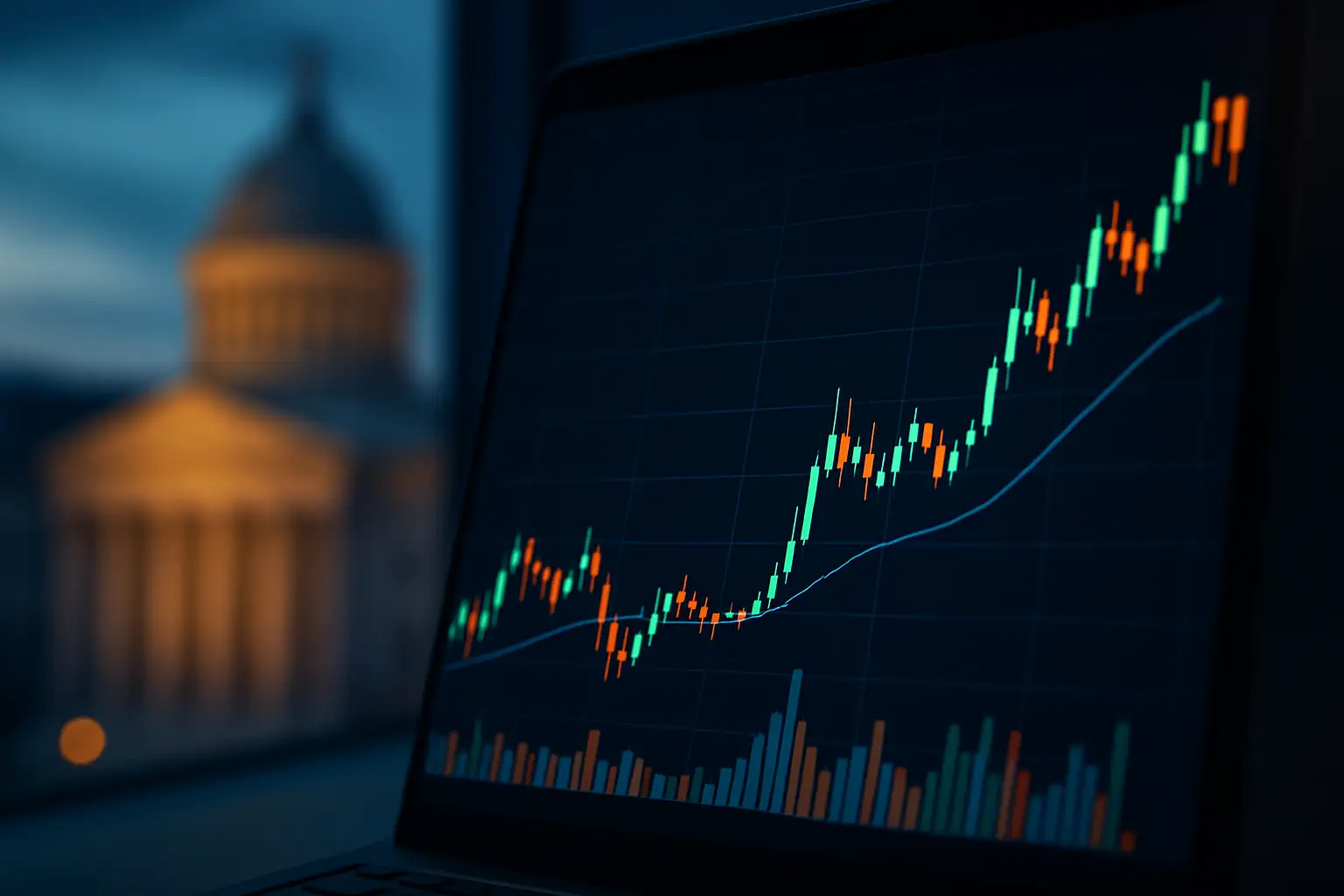 Bitcoin price chart displayed on a trading screen with a Federal Reserve building in the background