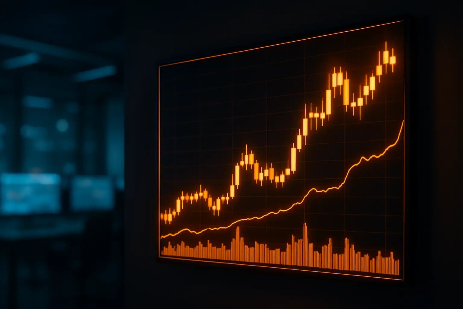 Bitcoin price chart displayed on a screen with blurred financial trading floor in the background