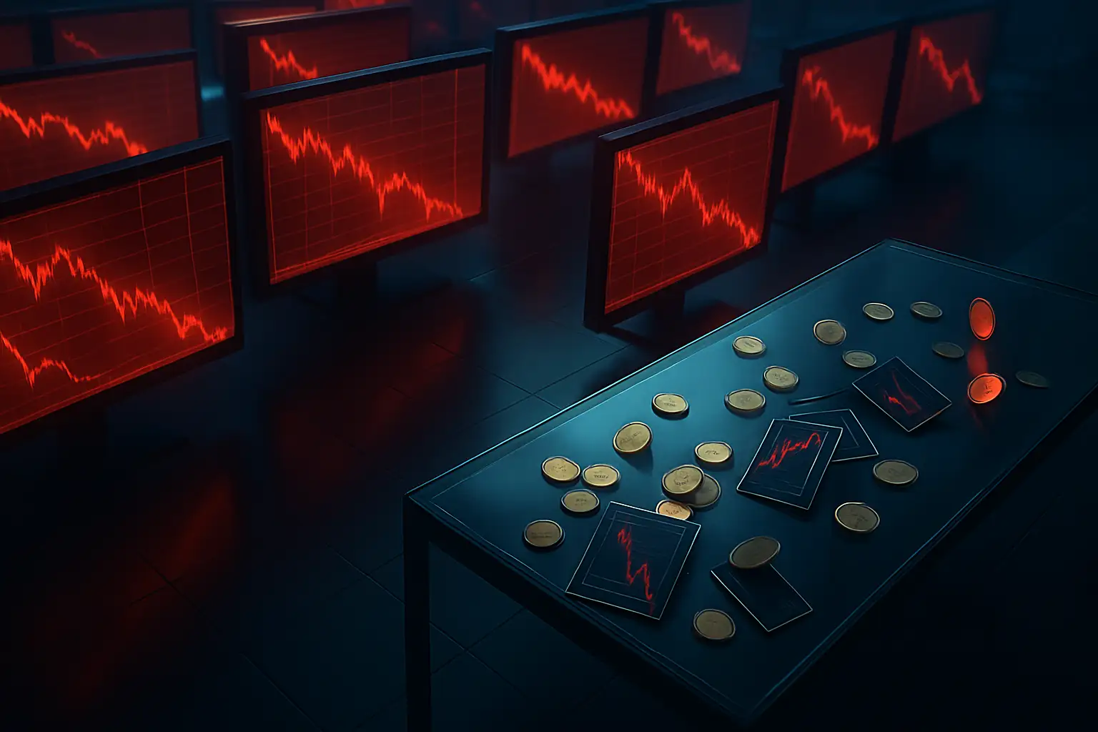 Abstract visualization of cascading crypto market liquidations with red and green price candles