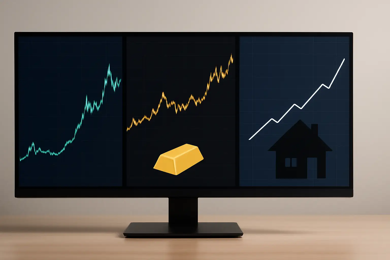 Multiple financial charts showing bitcoin, gold price movements and a house icon on a digital screen
