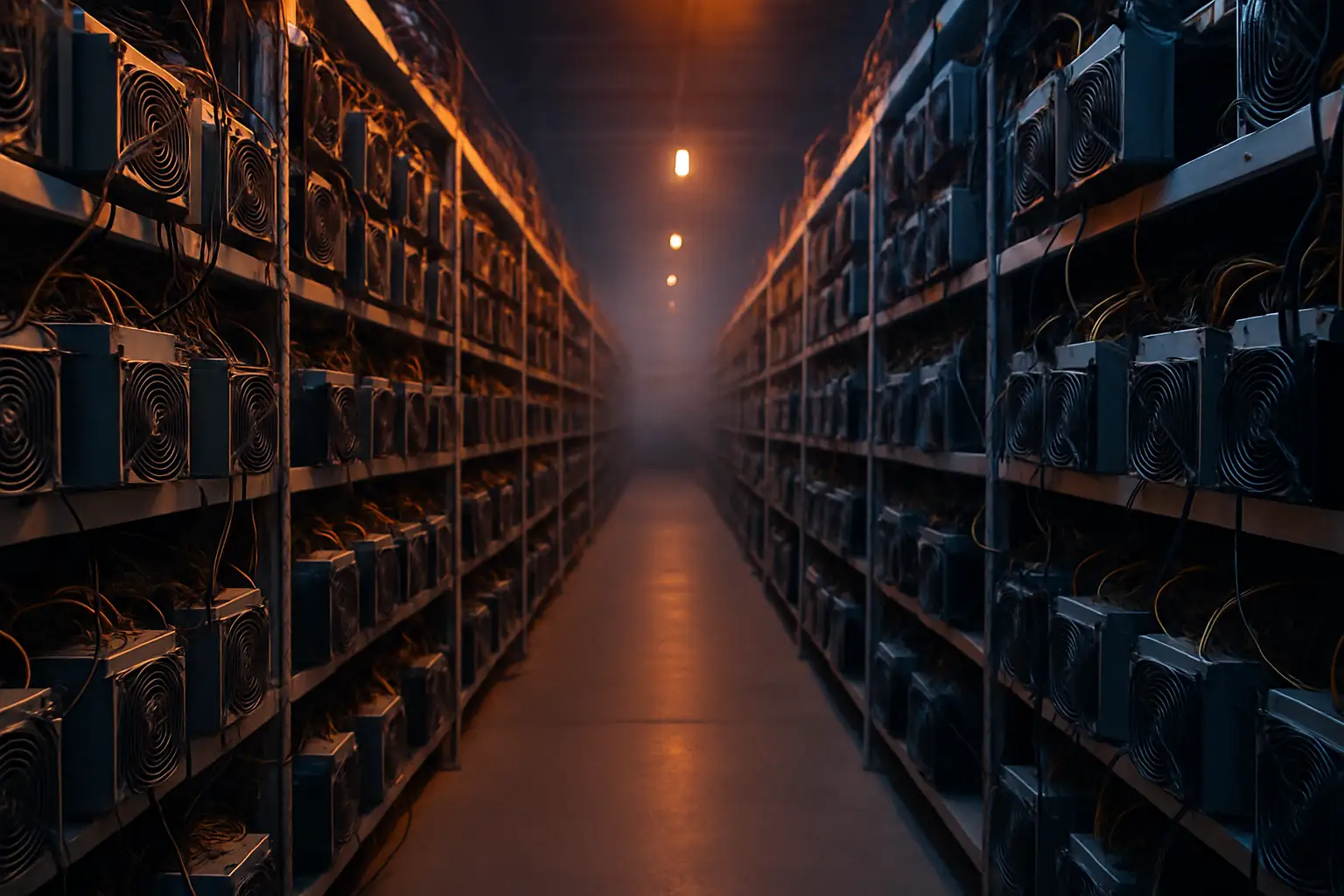 Bitcoin mining hardware in a large data center with glowing blue lights