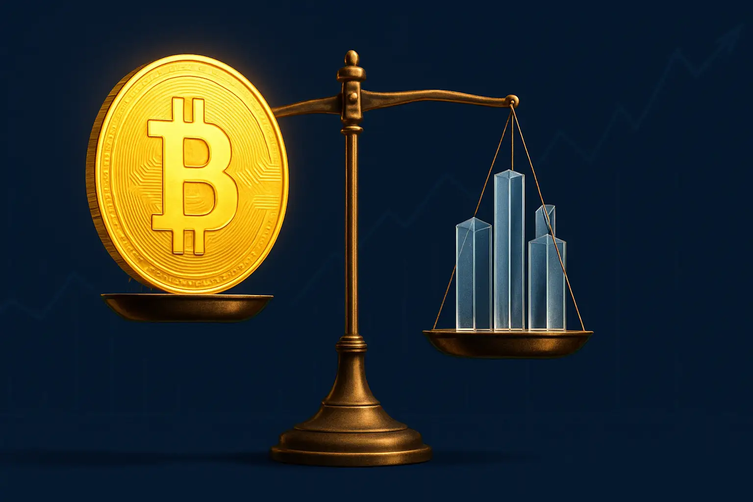 Bitcoin symbol balanced on a scale against financial institution building icons, representing cycle versus institutional debate