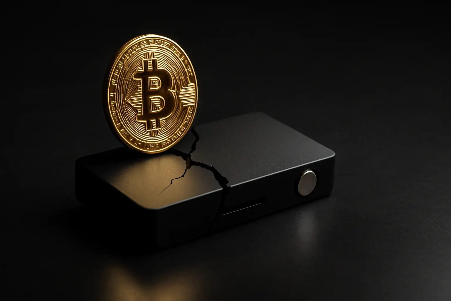 Bitcoin token balanced on edge with a cracked hardware wallet device in the background