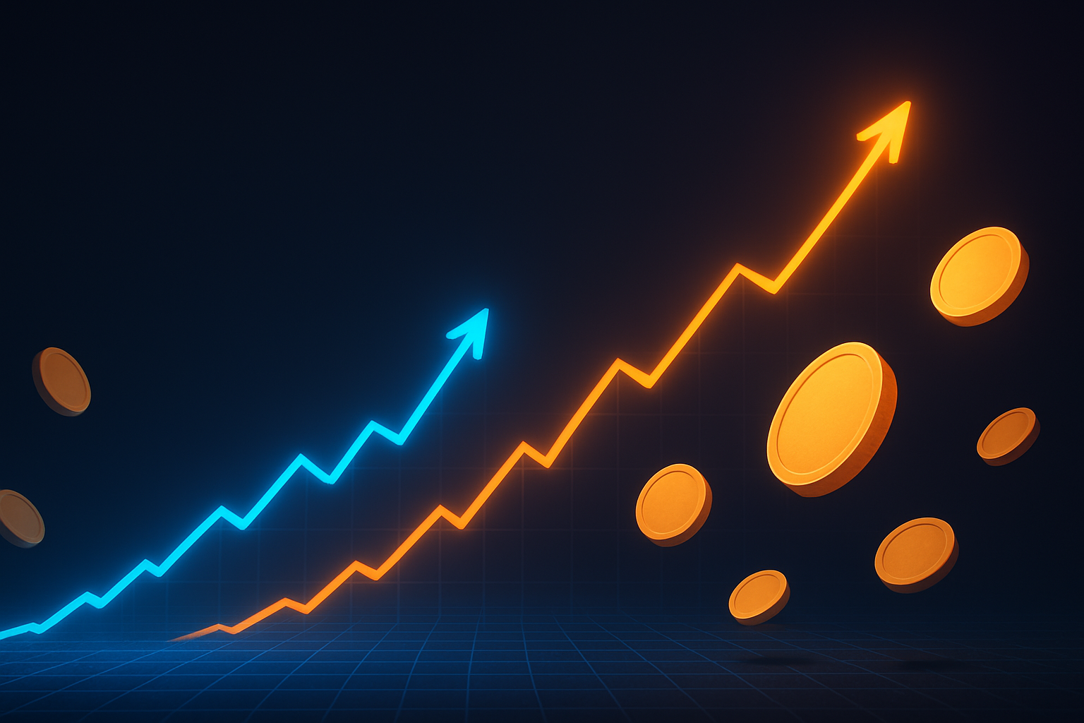Abstract visualization of rising cryptocurrency market charts with Bitcoin symbol prominent