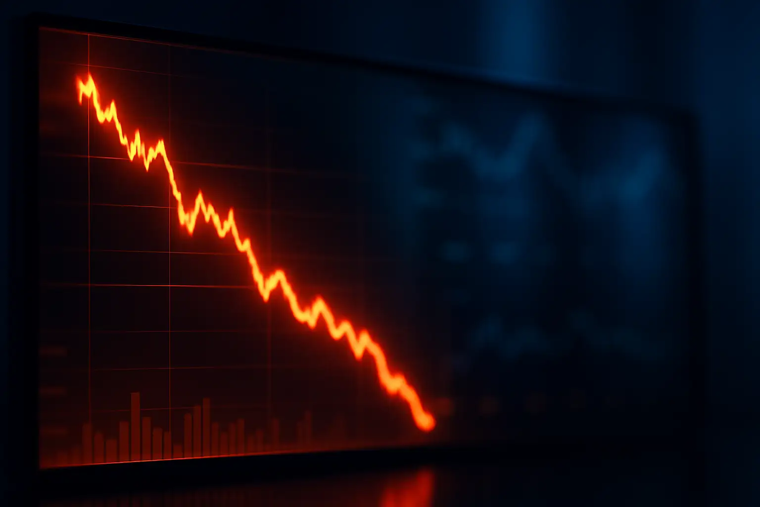 Bitcoin price chart declining on a trading screen with economic data in the background