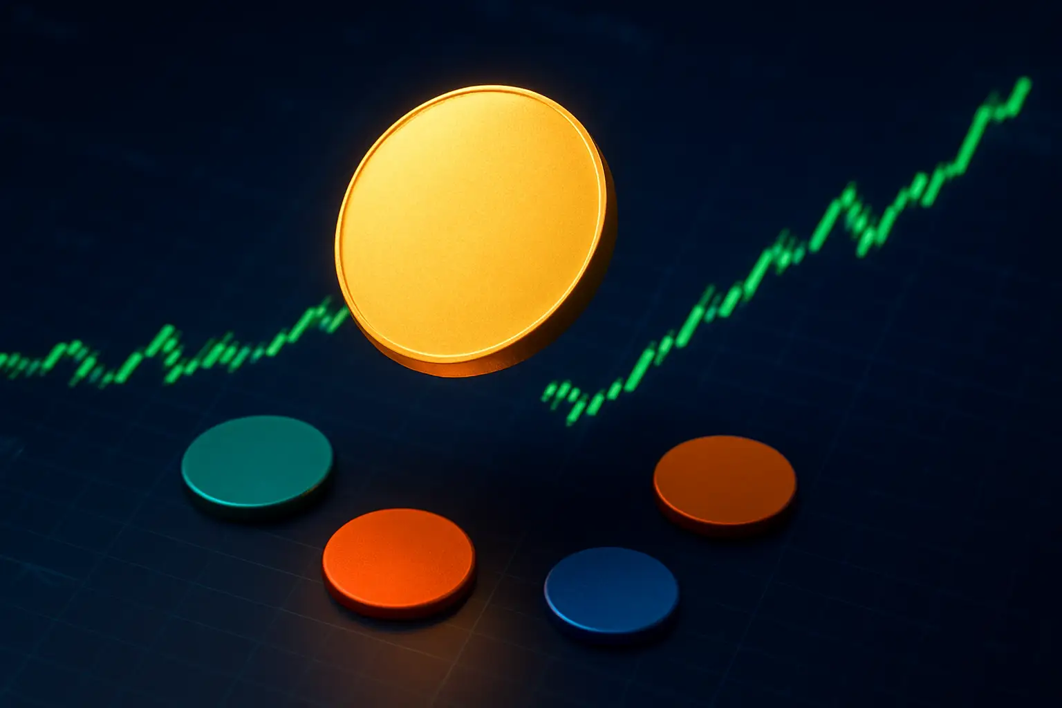 Bitcoin price chart displaying consolidation near $64,000 with altcoin tokens rising around it