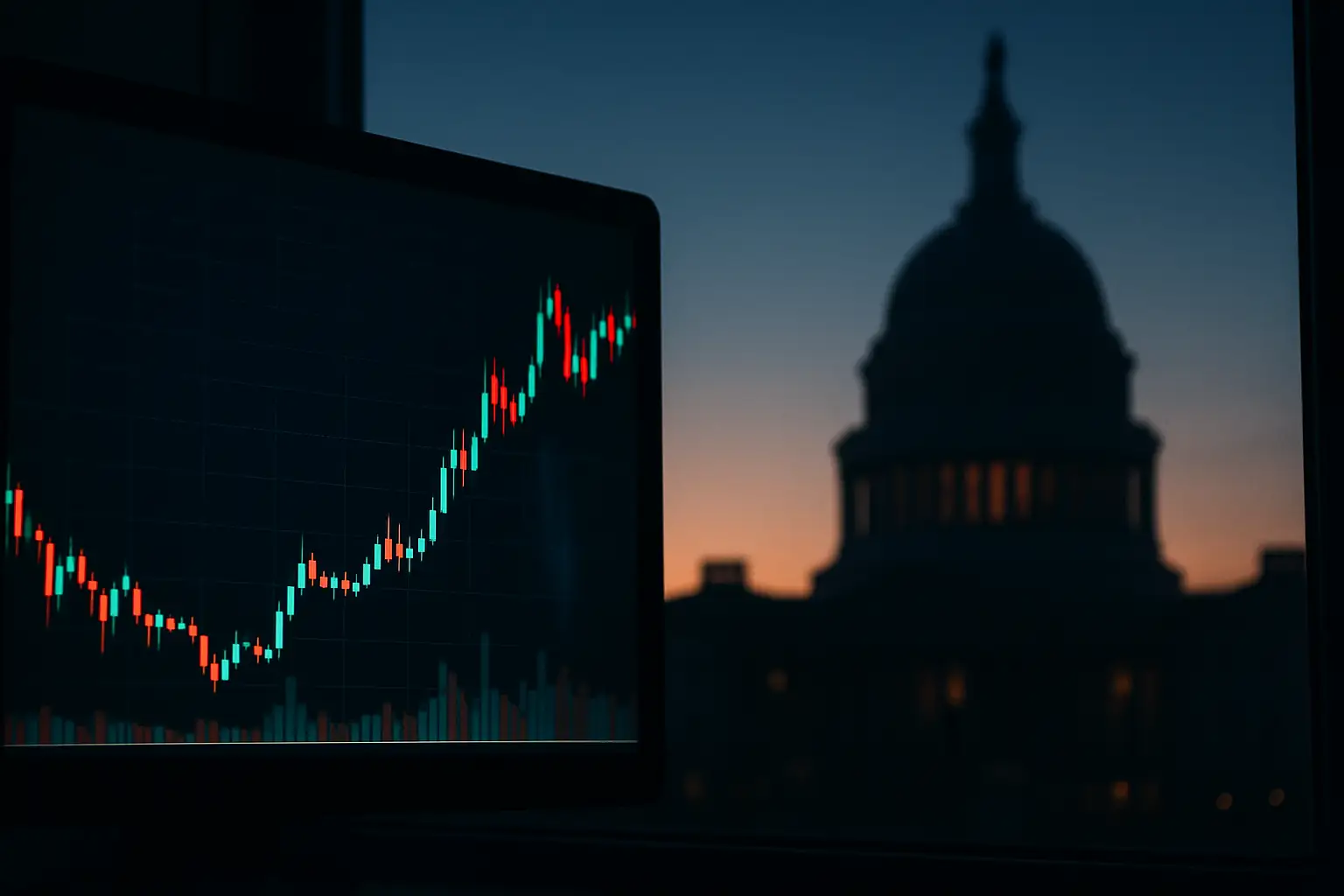 Bitcoin price chart displayed on a screen with a U.S. Capitol building reflection in the background