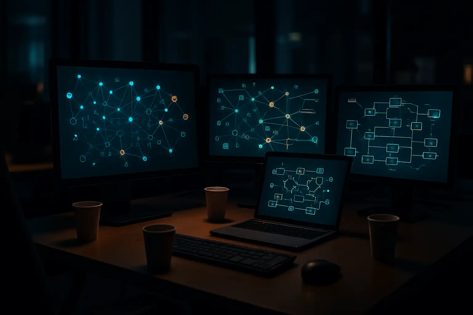 A crypto investigator working late at night surrounded by multiple screens showing blockchain transaction data