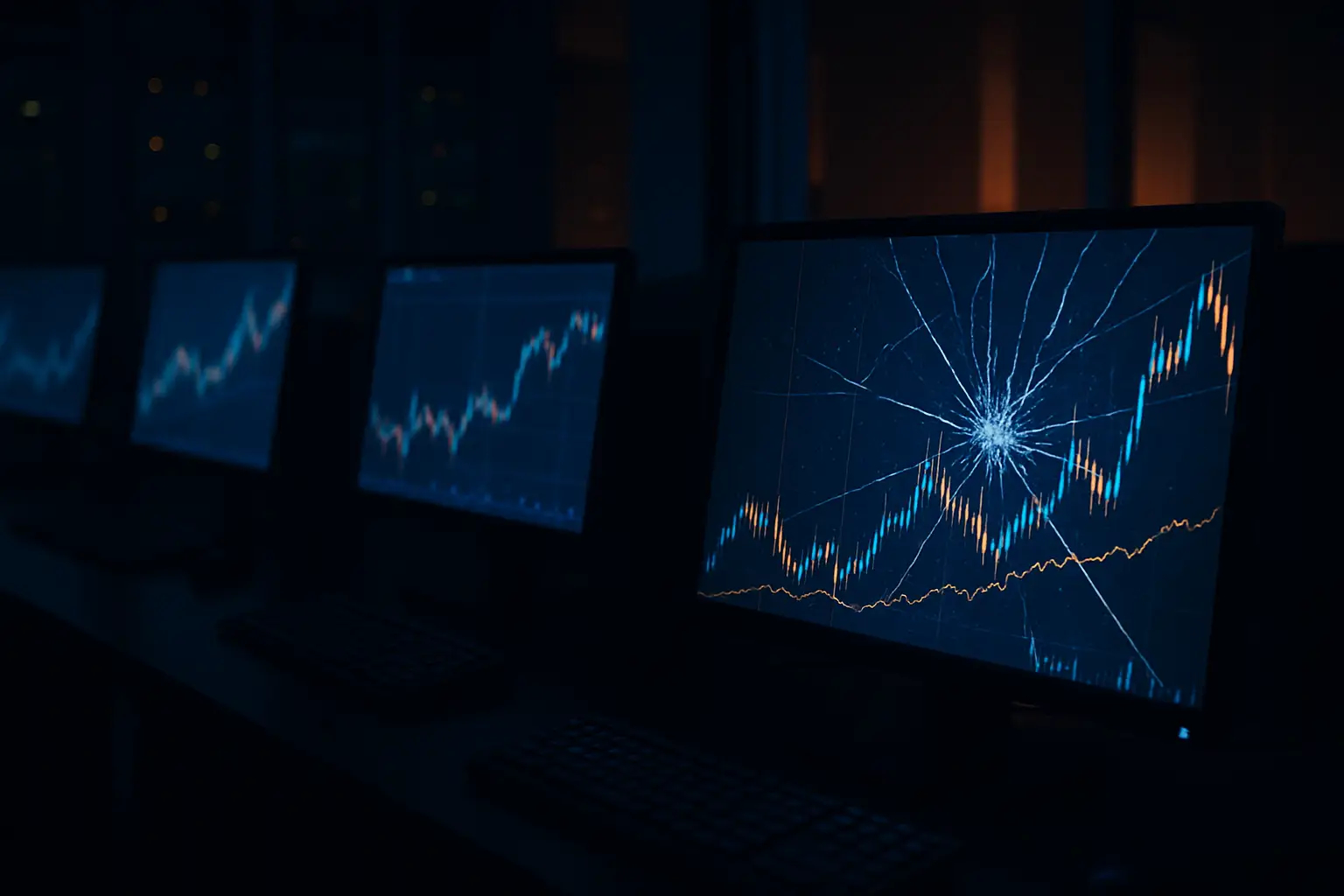 A crypto exchange trading interface displayed on a screen with financial data and a fractured or split visual effect suggesting instability