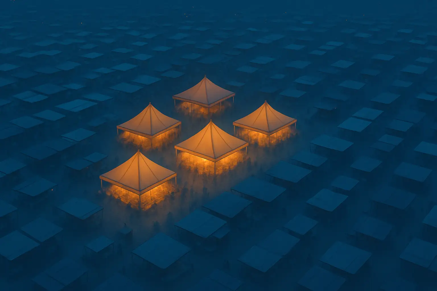 Illustration of a crowded field of exchange platforms shrinking down to a dominant few pillars