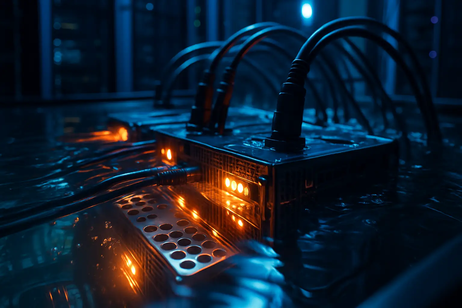 Server racks submerged in immersion cooling fluid inside a data center facility