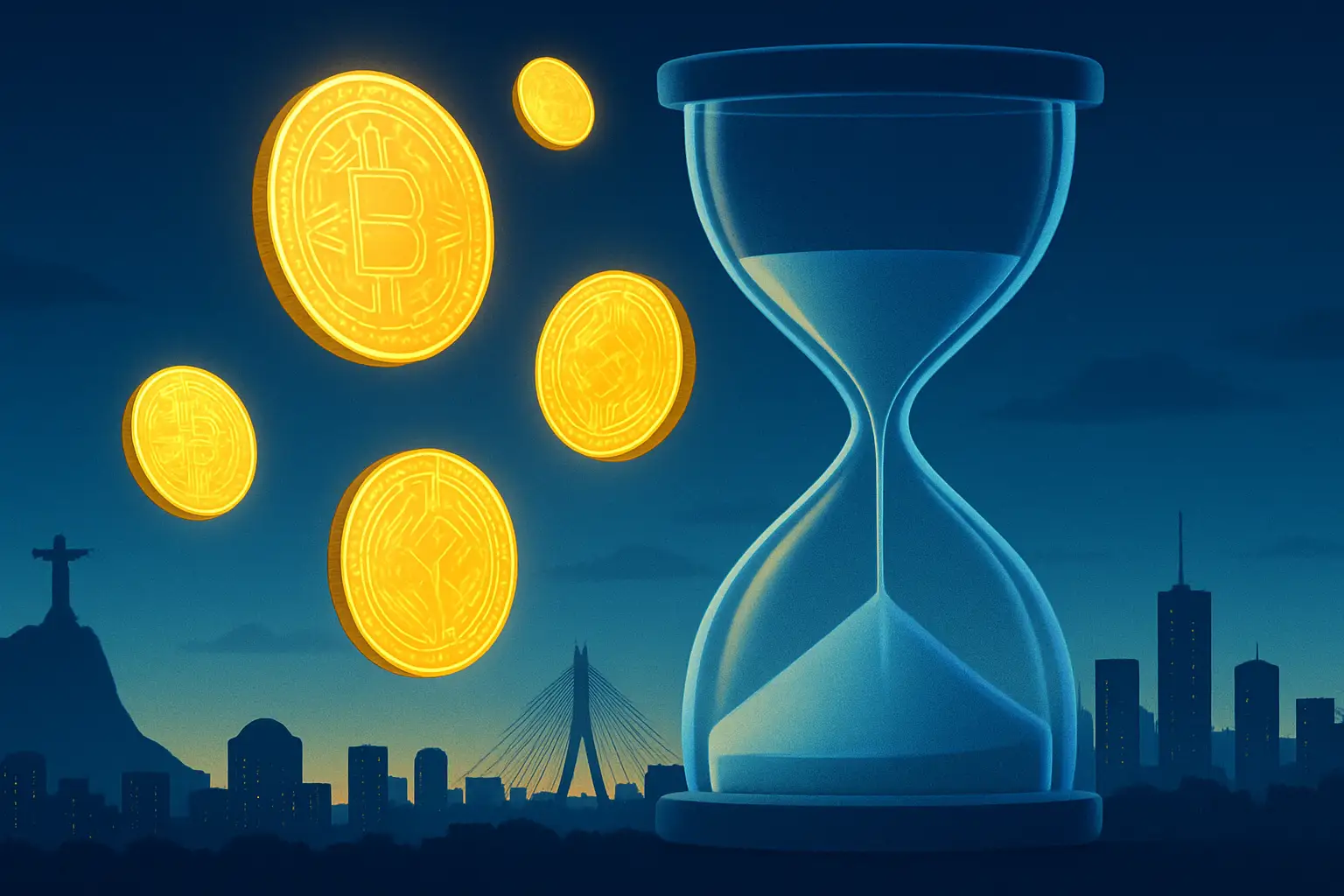 Digital coins and a clock representing Brazil's 24-hour crypto transfer delay regulation