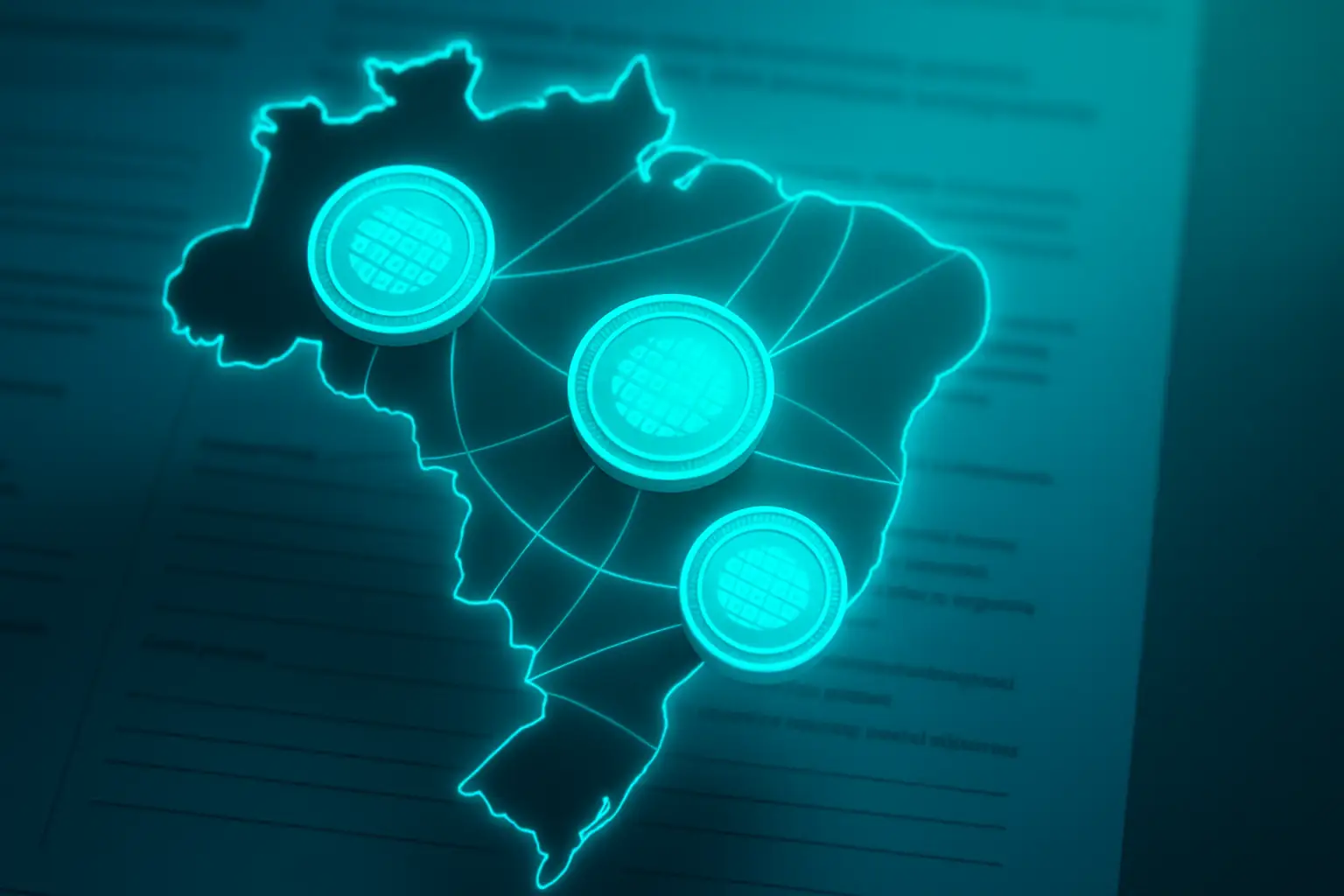 Digital cryptocurrency coins with Brazilian real currency and regulatory documents on a desk