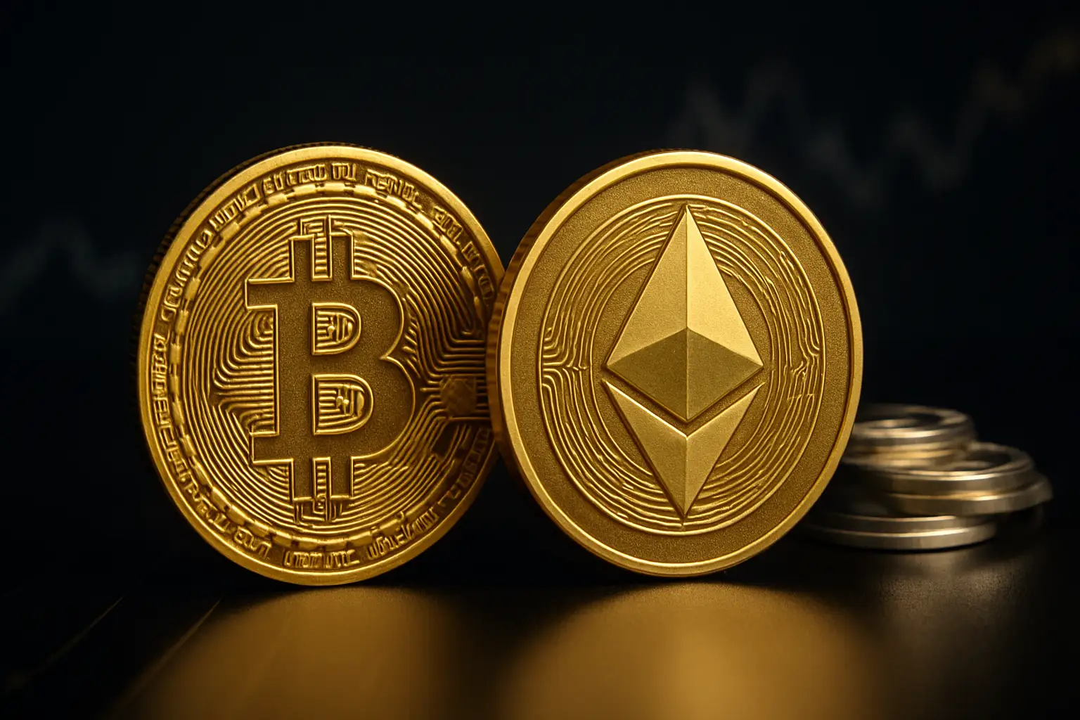 Bitcoin and Ethereum coins alongside a small rising chart representing low-cap crypto tokens