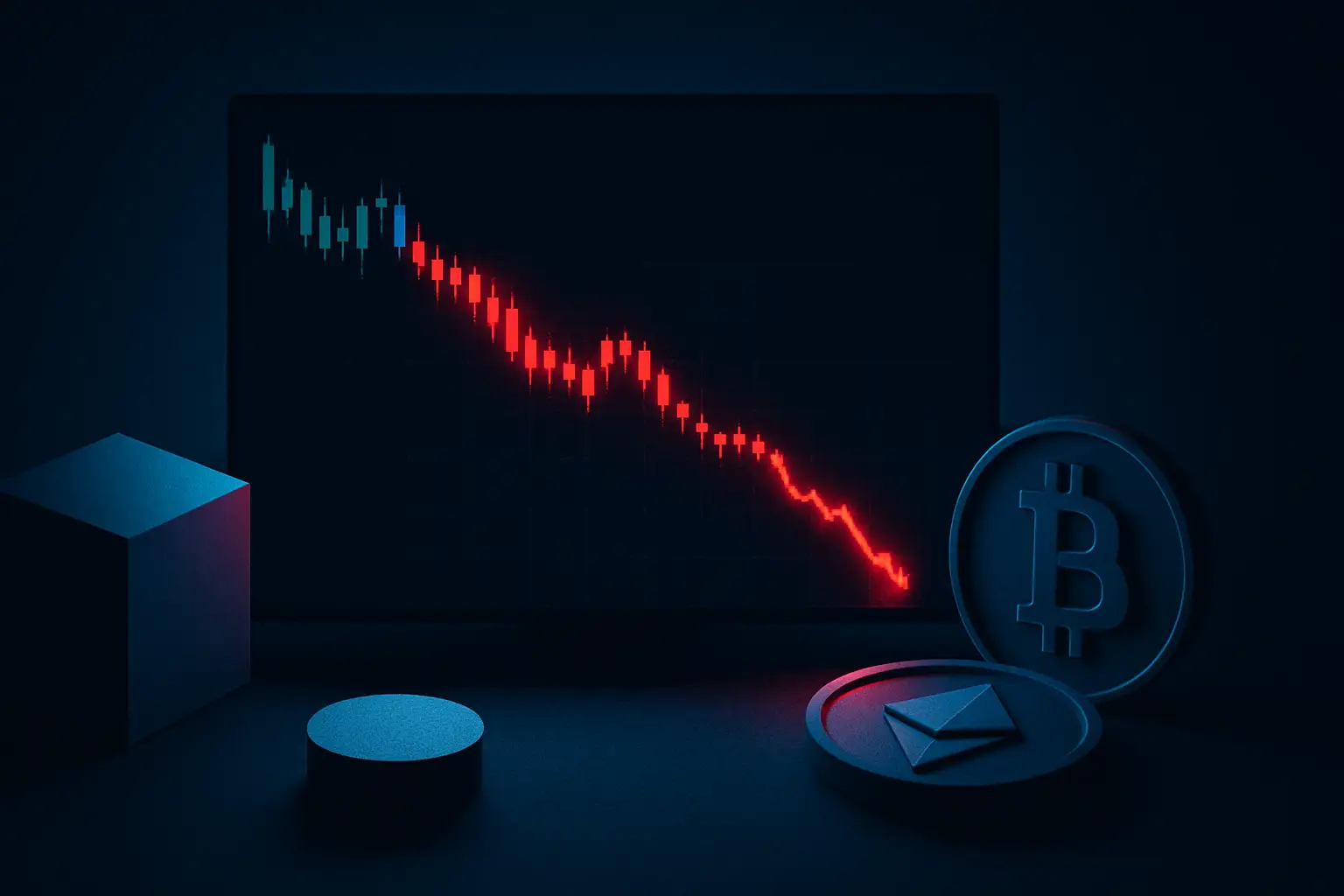 Digital stock chart showing a declining share price with crypto market symbols in the background